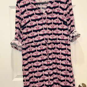 Crown & Ivy Navy and Pink Dragonfly Patterned Dress